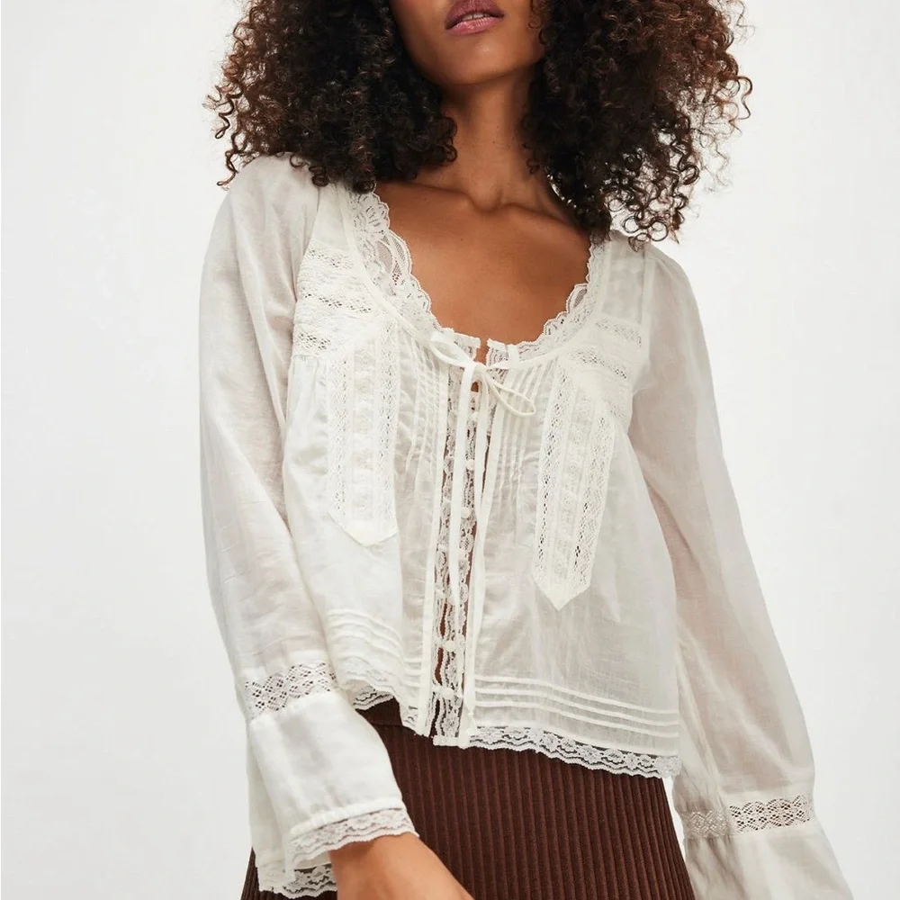 Free People Forevermore Long-sleeve Lace Detail Blouse NWOT - Picture 1 of 16